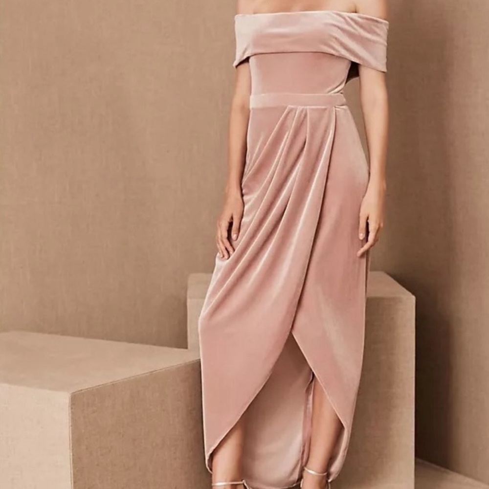 BHLDN Pink Rose Edison Velvet Off the Shoulder Front Slit Maxi Dress